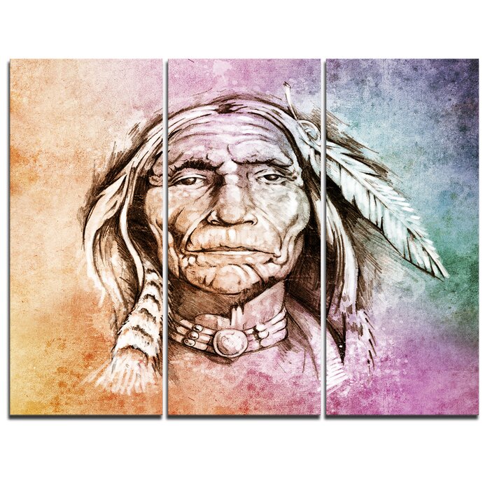 DesignArt American Indian Head - 3 Piece Graphic Art on Wrapped Canvas
